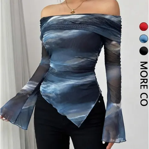 Women's Off-Shoulder Long Sleeve Simple Asymmetrical T-Shirt, Casual Daily Wear Printed Top, Fashionable Plain Surface Strapless Upper, Casual Trendy