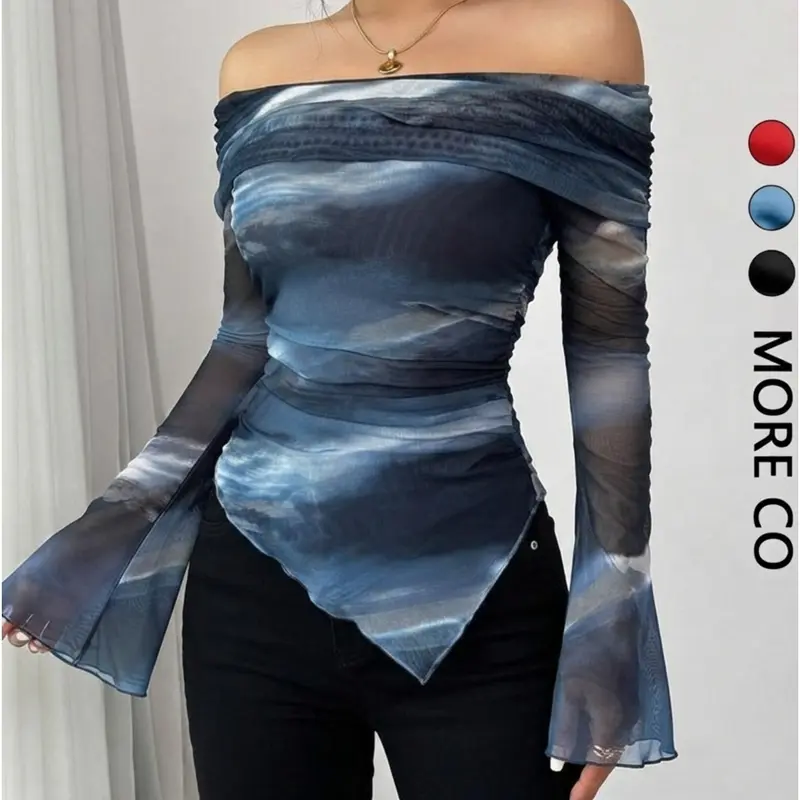Women's Off-Shoulder Long Sleeve Simple Asymmetrical T-Shirt, Casual Daily Wear Printed Top, Fashionable Plain Surface Strapless Upper, Casual Trendy