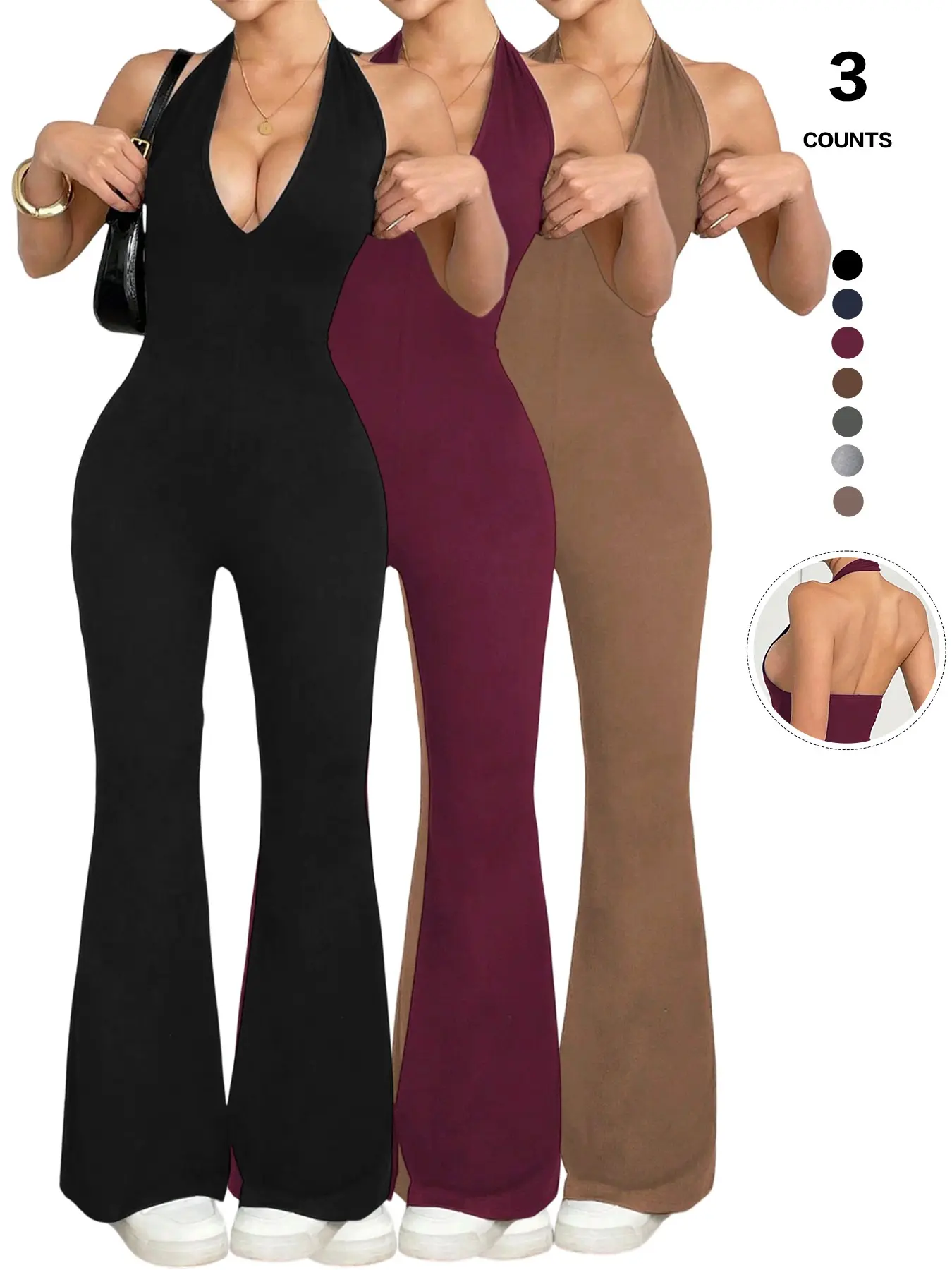 Fall Y2K 3 Pack Halter Deep V Backless Jumpsuit, Chic Bodycon Design, Slim Waist, Breathable, Casual, Autumn Wardrobe Staple