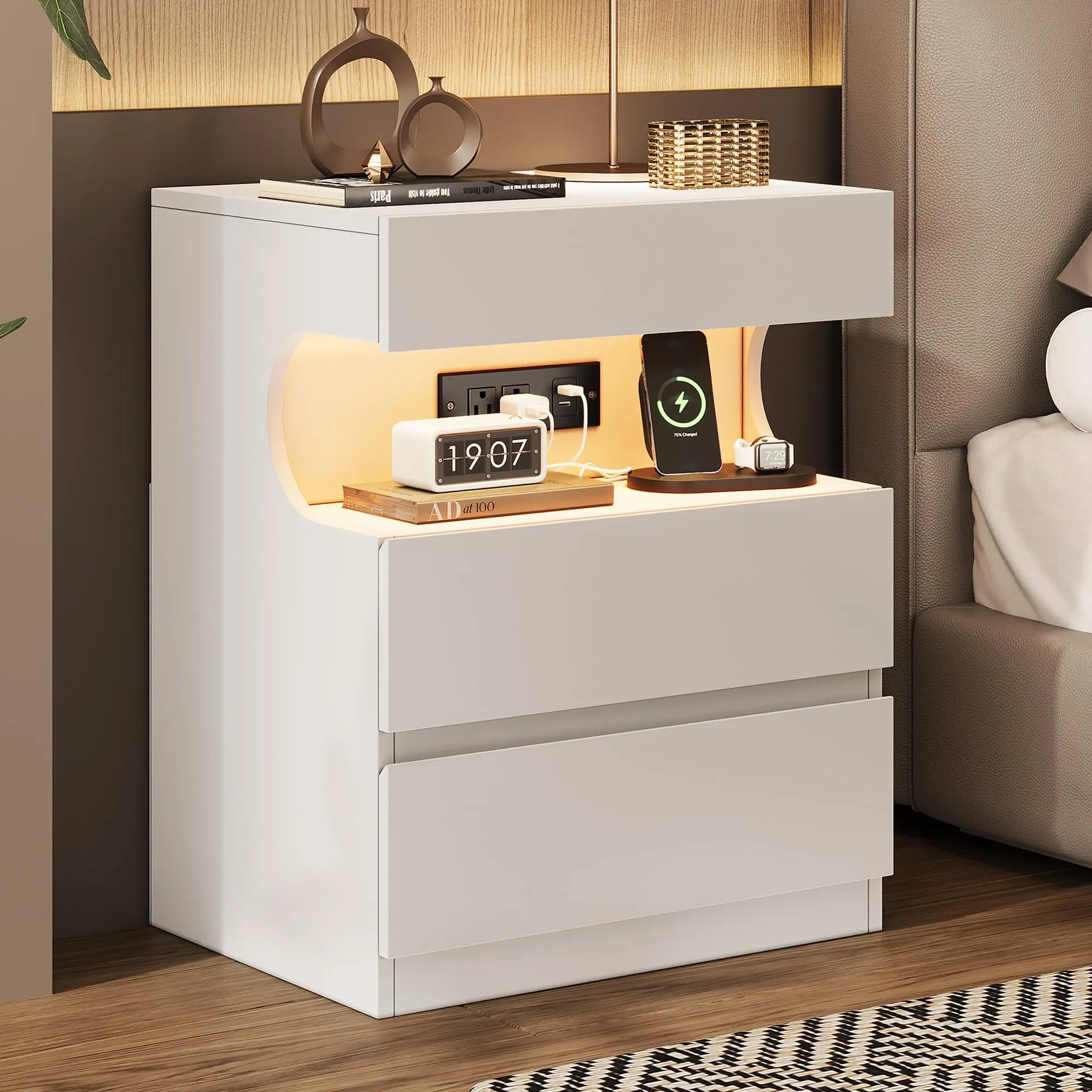 White Nightstand with App-Controlled LED Light, Modern Bedside Table with Charging Station, 3 Drawer End Table with USB Ports & Outlets, U-Shape Open Shelf, White Night Stand for Bedroom