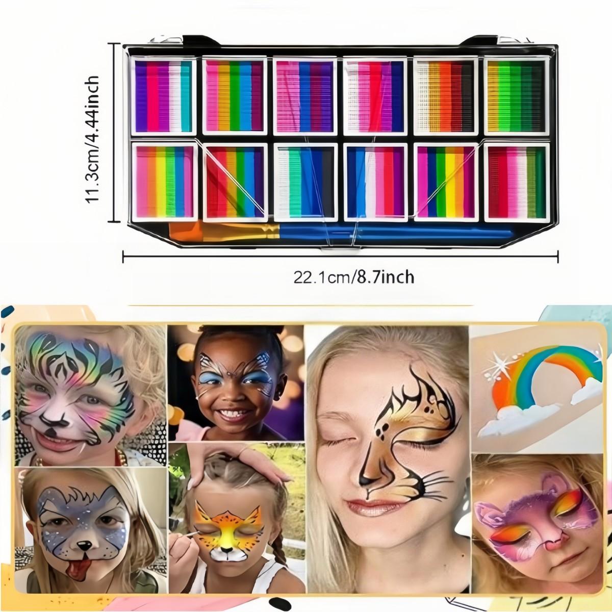 Face & Body Paint Palette Set with 1 Brush, Rainbow Gradient Pigment, Cosmetic Paint, Halloween Makeup Kit, Water-based Temporary Body Paint, Ideal for Halloween, Cosplay Parties, Art and Stage Makeup