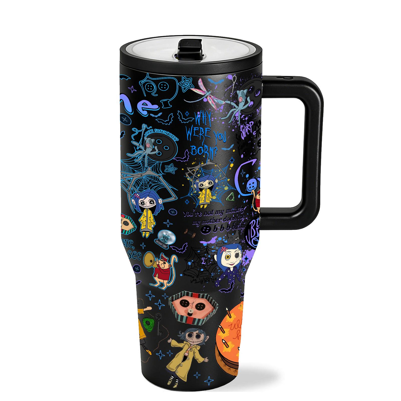 1pc 40oz Stainless Steel Tumbler with Lid & Straw, Coraline Dark Fantasy Style, Vacuum Insulated Thermal Cup, Insulated Travel Drinkware, Keep Hot 12H / Cold 24H, Creepy Cute Travel Mug, Gift for Horror Aesthetic & Animation Enthusiasts