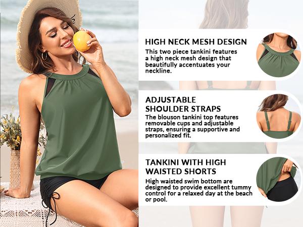 Yonique Tankini Swimsuits with Shorts - Tummy Control Two Piece Blouson Bathing Suits High Neck Swimwear