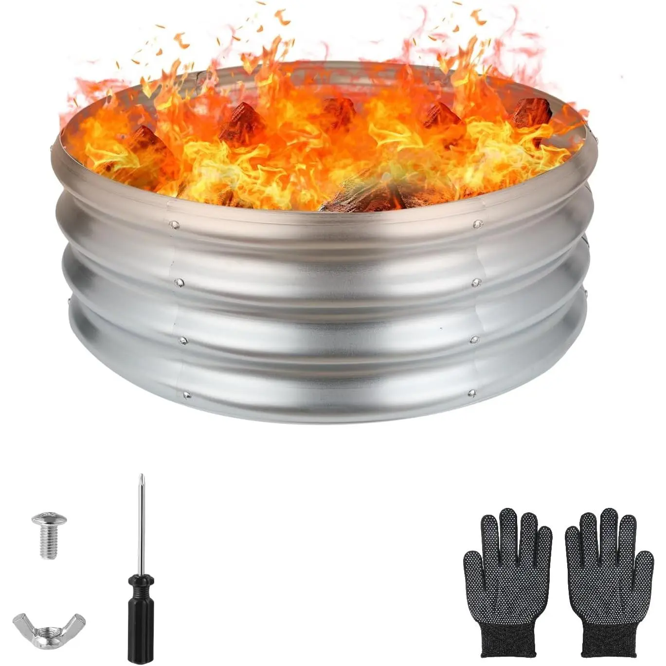 36" Round Galvanized Fire Pit Ring for Outdoor Wood Burning Silver | Heavy-duty galvanized steel with a 2 ft diameter, ideal for backyard gatherings, camping, bonfires, and outdoor entertaining