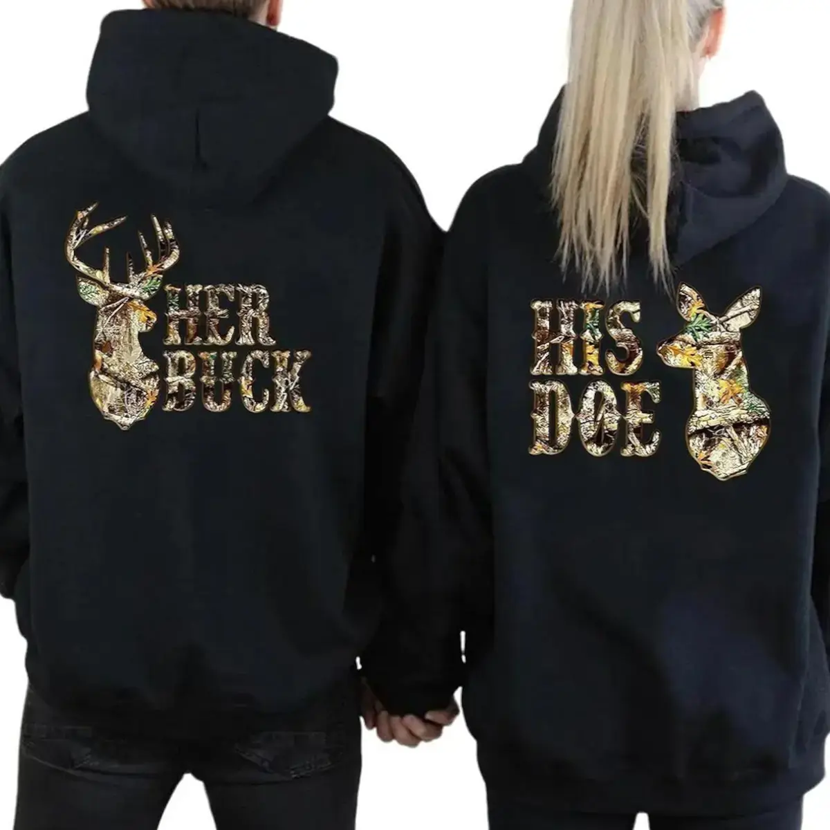 Couples Matching Hunting Hoodie - Men's & Women's Long Sleeve Loose Oversized Baggy Tops, Her Buck His Doe Camo Graphic Pullover, Outdoor Deer Sweatshirt & T-Shirt Classic Couple Outfit, Casual