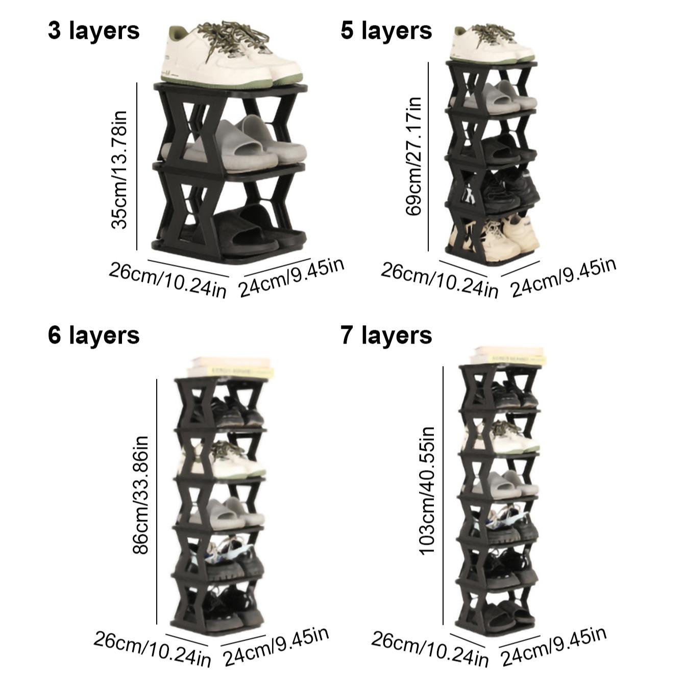 Multi layer foldable single row vertical shoe rack, Stackable shoe organizer, compact design, stable structure, space saving, can be assembled, suitable for shoe sorting and storage solutions in entrances, wardrobes, garages, Shoe Organizer