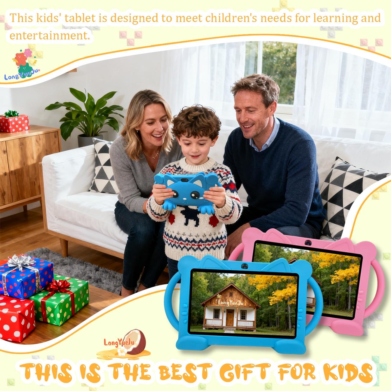 Interesting Smart Android Tablet, Android 12 for daily learning use, dual camera recording of life, parental control, anti fall and anti-collision, multiple applications, fast running, suitable for children and teenagers, no adapter, blue/pink