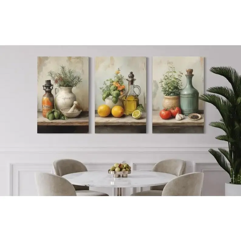 Set of 3 Rustic 2D Flat Canvas Paintings - Mediterranean Herbs, Olive Oil, Tomatoes, Lemon Still Life Kitchen Wall Decor for Dining Room
