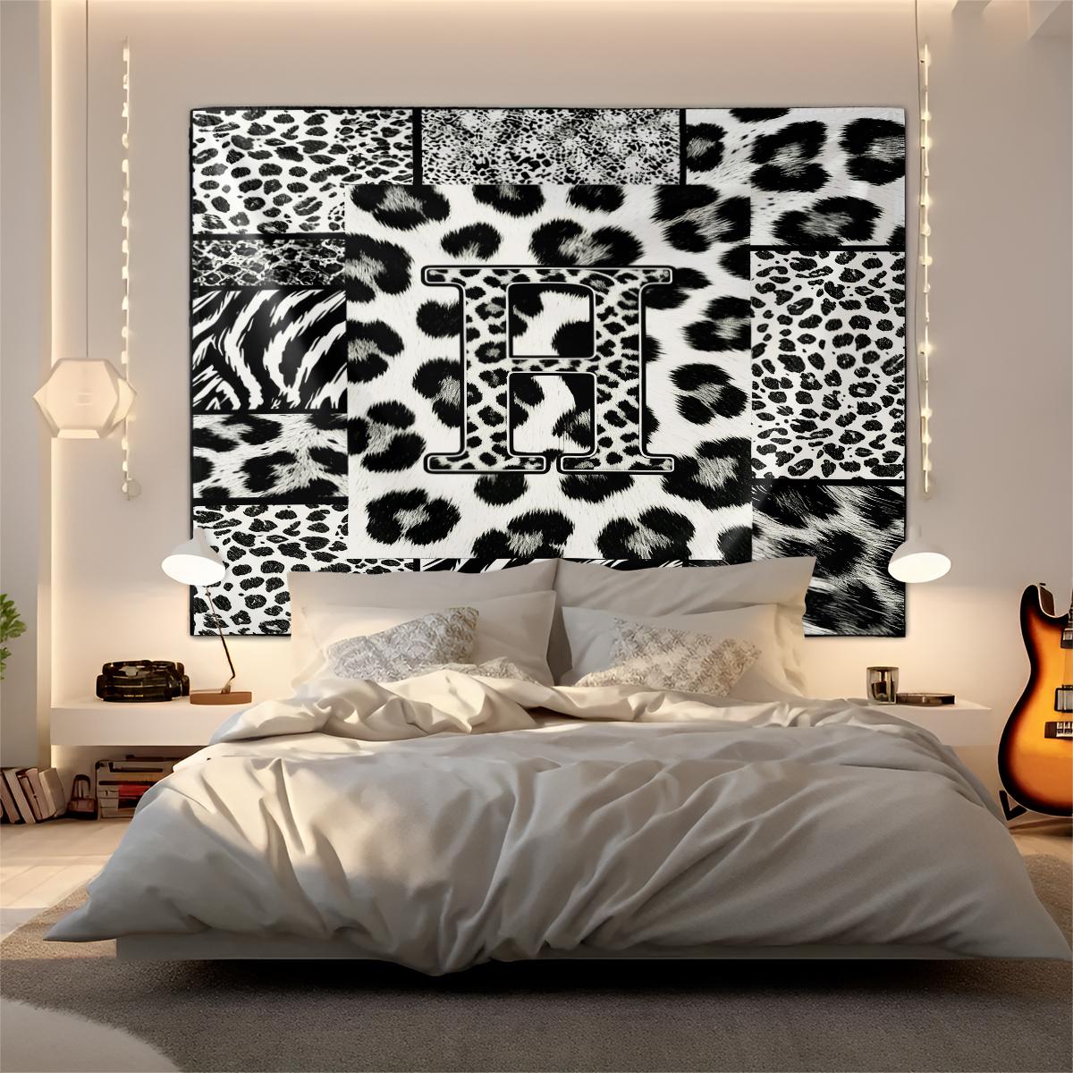 Personalized Initial Wall Tapestry, Retro Leopard Print Patchwork, Easy Care Good Shading, Suitable for Living Room Rental Wall Decor