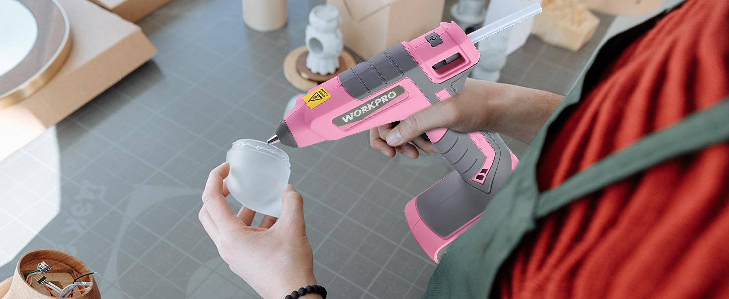 #backtoschool WORKPRO Pink Cordless Hot Melt Glue Gun, 7.2V Rechargeable Fast Preheating Glue Gun Kit with 20 Pc Premium Mini Glue Stick, Automatic-Power-Off Glue Gun for Art, Craft, Decoration - Pink Ribbon #backtoschool WORKPRO Pink Cordless Hot Melt Glue Gun, 7.2V Rechargeable Fast Preheating Glue Gun Kit with 20 Pc Premium Mini Glue Stick, Automatic-Power-Off Glue Gun for Art, Craft, Decoration - Pink Ribbon