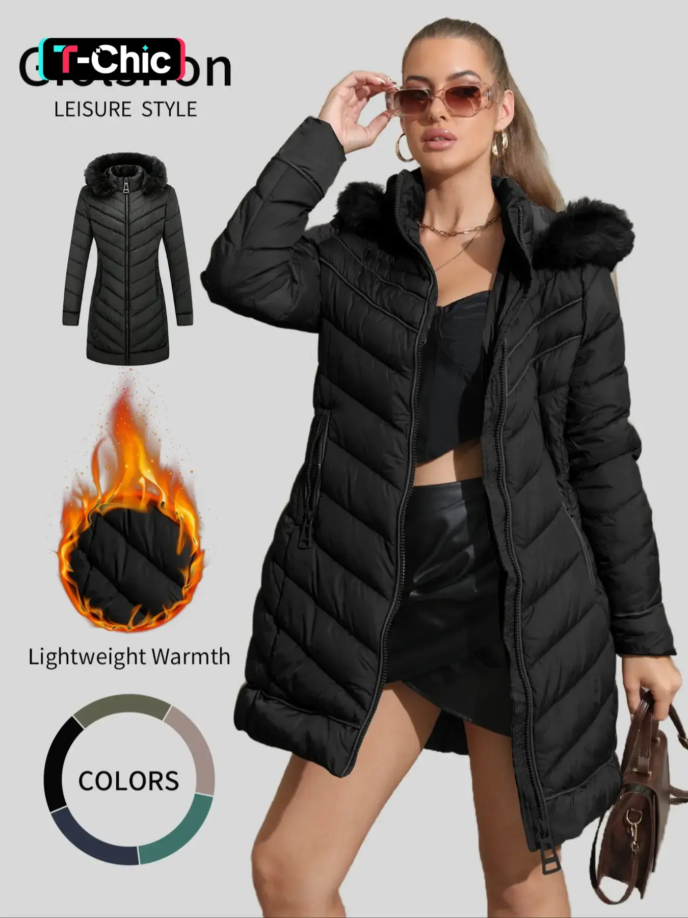 Giolshon Women's Faux Fur-Lined Autumn Hooded Fitted Jacket Coat, Casual Thick Woven Fabric Womenswear Top, Warm Windproof Long-Sleeve Zipper Outerwear