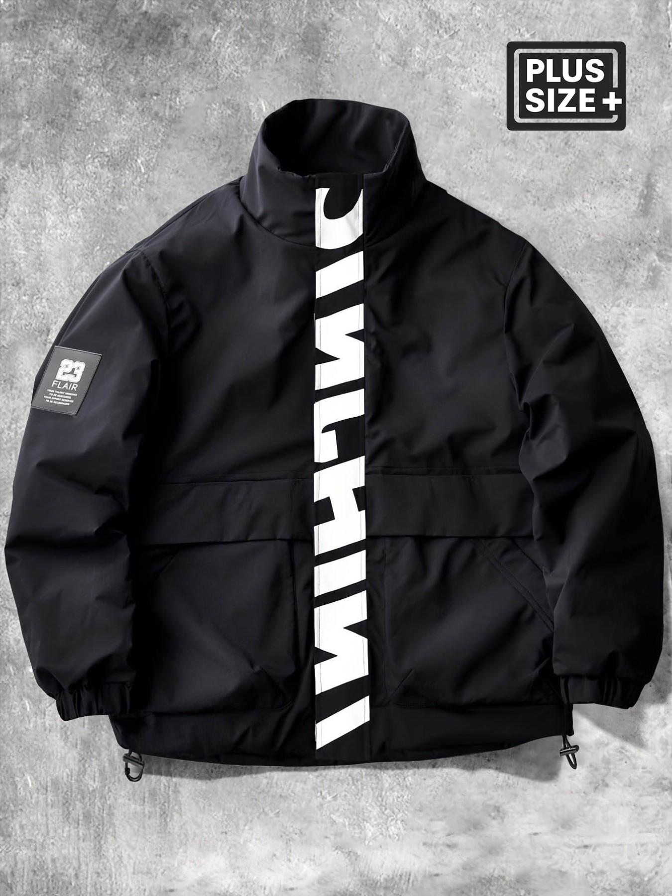 Men's Plus Size Windproof Zipper Jacket, Smooth Durable Fabric, Loose Fit Stand Collar Workwear, Letter Print Design, Retro Sport Style