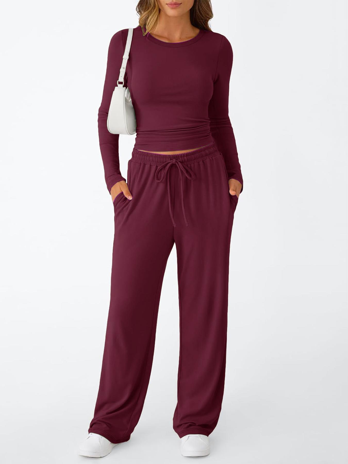 Women's 2 Piece Matching Lounge Set Long Sleeve Slightly Crop Top Wide Leg Pants Casual Sweatsuit 2026 Drawstring