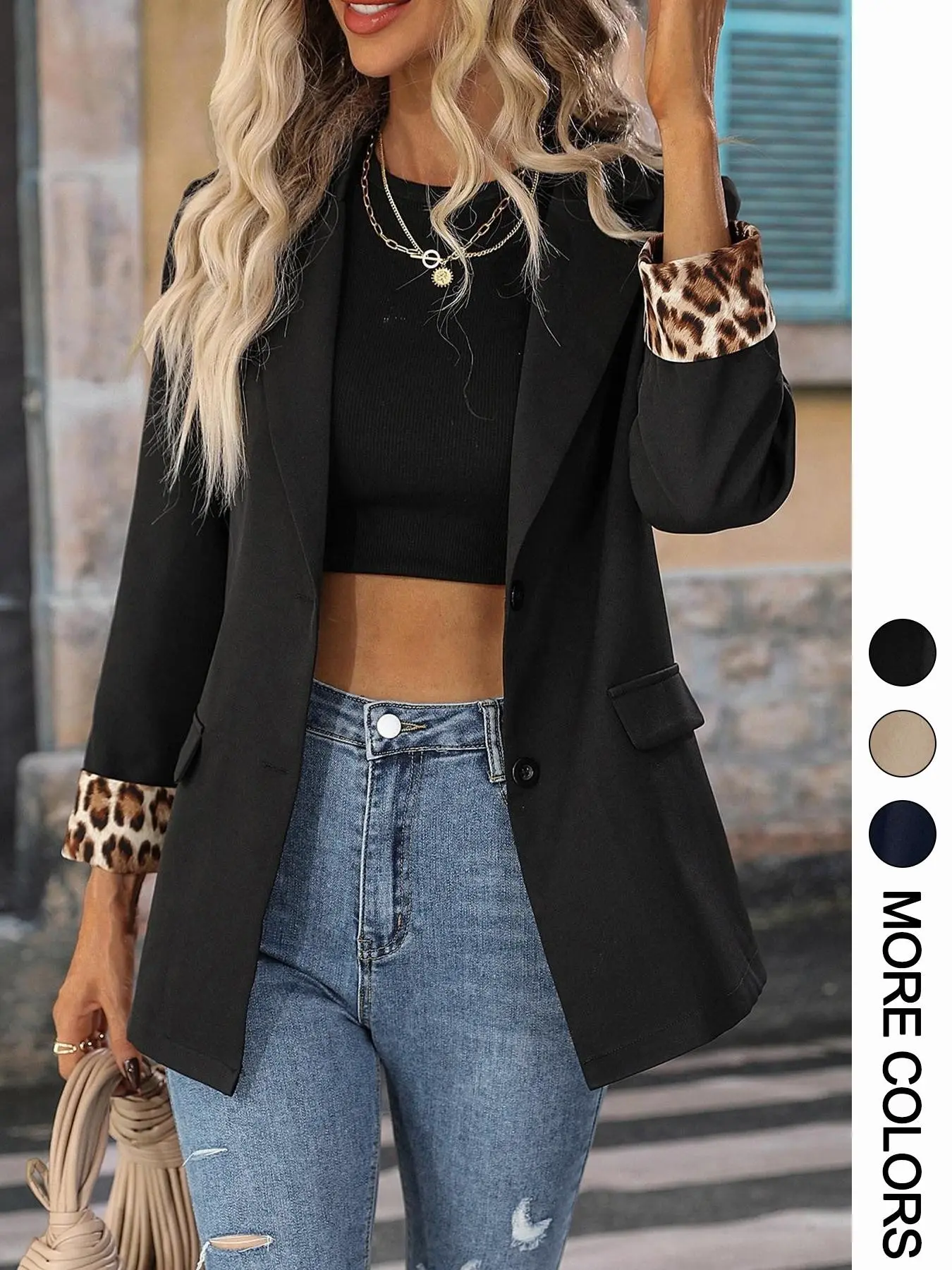 Classic Solid Color Leopard Print Patchwork Button Casual Blazer with Shoulder Pads Business Attire for Spring & Fall, Fitted Style Outerwear Fitted Blazer Jacket