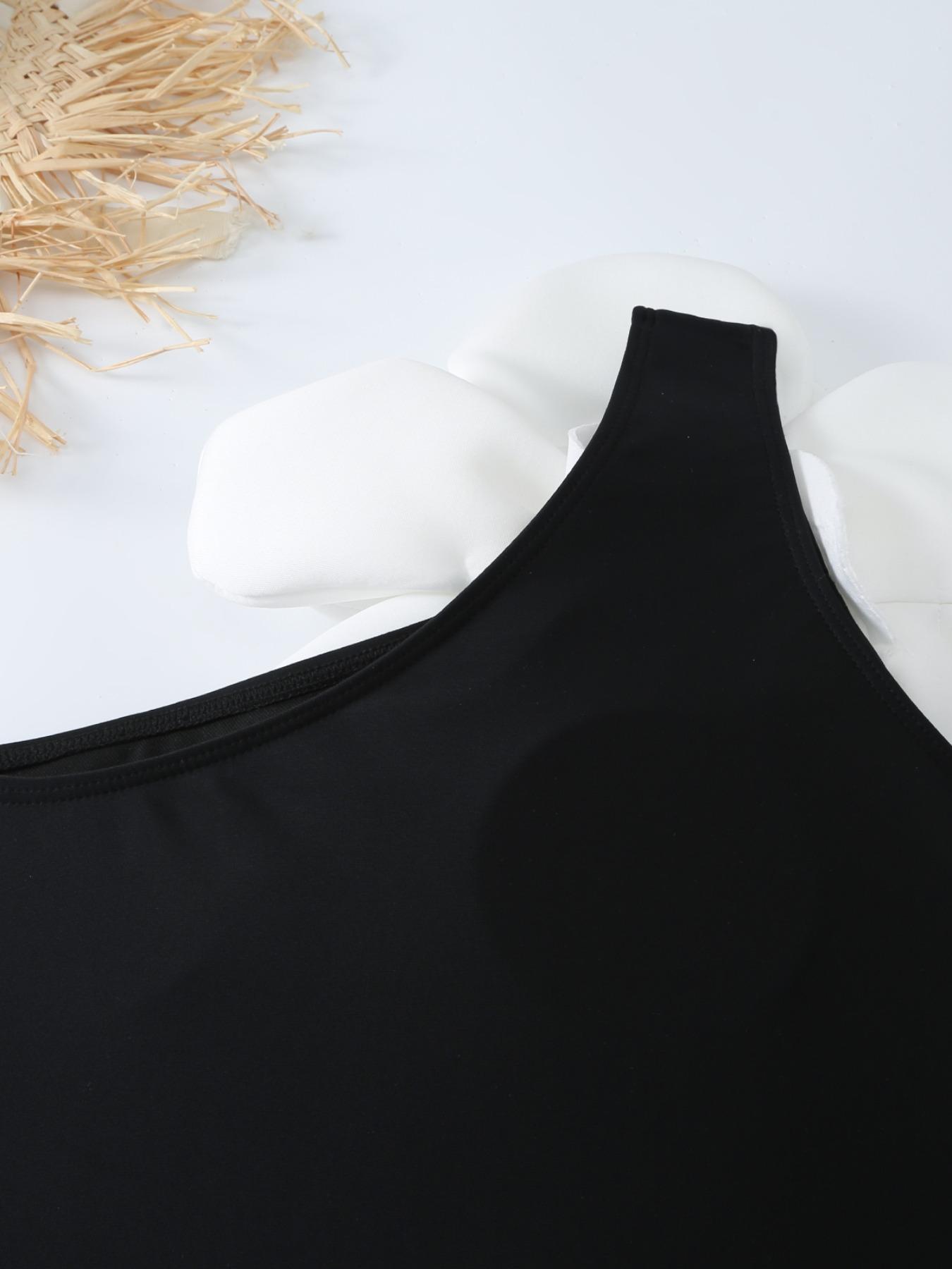 Women's Flower Decor One Shoulder One Piece Swimsuit & Skirt Set, Appliques Striped Print One Piece Swimsuit & Flared Skirt, Two Piece Outfits for Summer Beach Holiday Vacation, Swimsuit Cover Ups