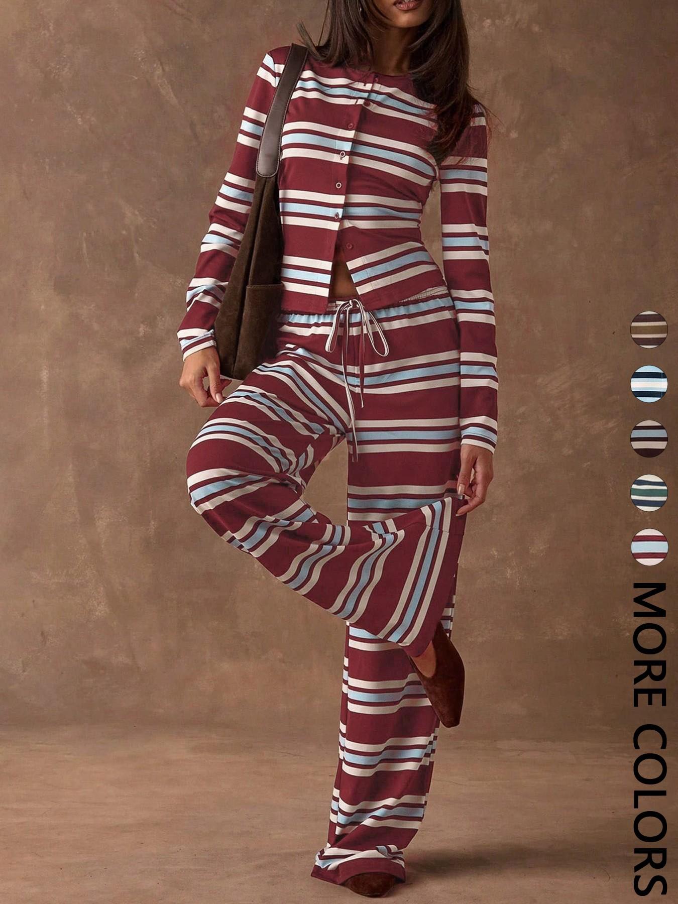 Women's Striped Knit Two-Piece Set, Crew Neck Long Sleeve Button Front Crop Top, Elastic Waist Drawstring Wide Leg Pants, Daily Casual Loungewear Vacation Wear, Soft Stretchy Breathable Women's Striped Knit Two-Piece Set, Crew Neck Long Sleeve Button Front Crop Top, Elastic Waist Drawstring Wide Leg Pants, Daily Casual Loungewear Vacation Wear, Soft Stretchy Breathable