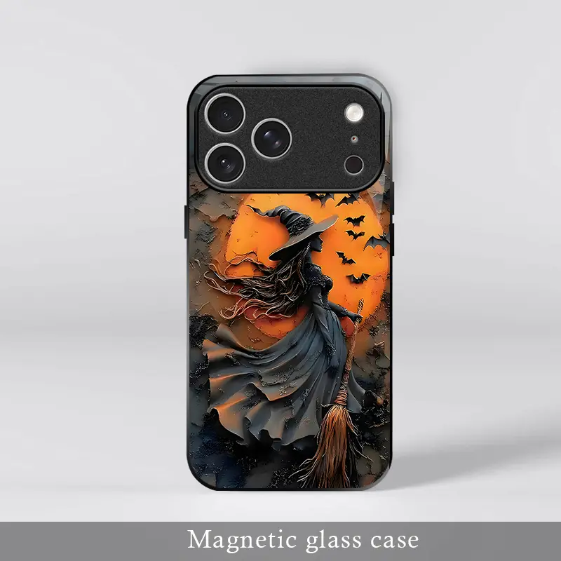 Cute Spooky Halloween Ghost Magnetic Case for iPhone 17 Pro, Pumpkin Spice Witch Fall Glass Charging Cover ---975