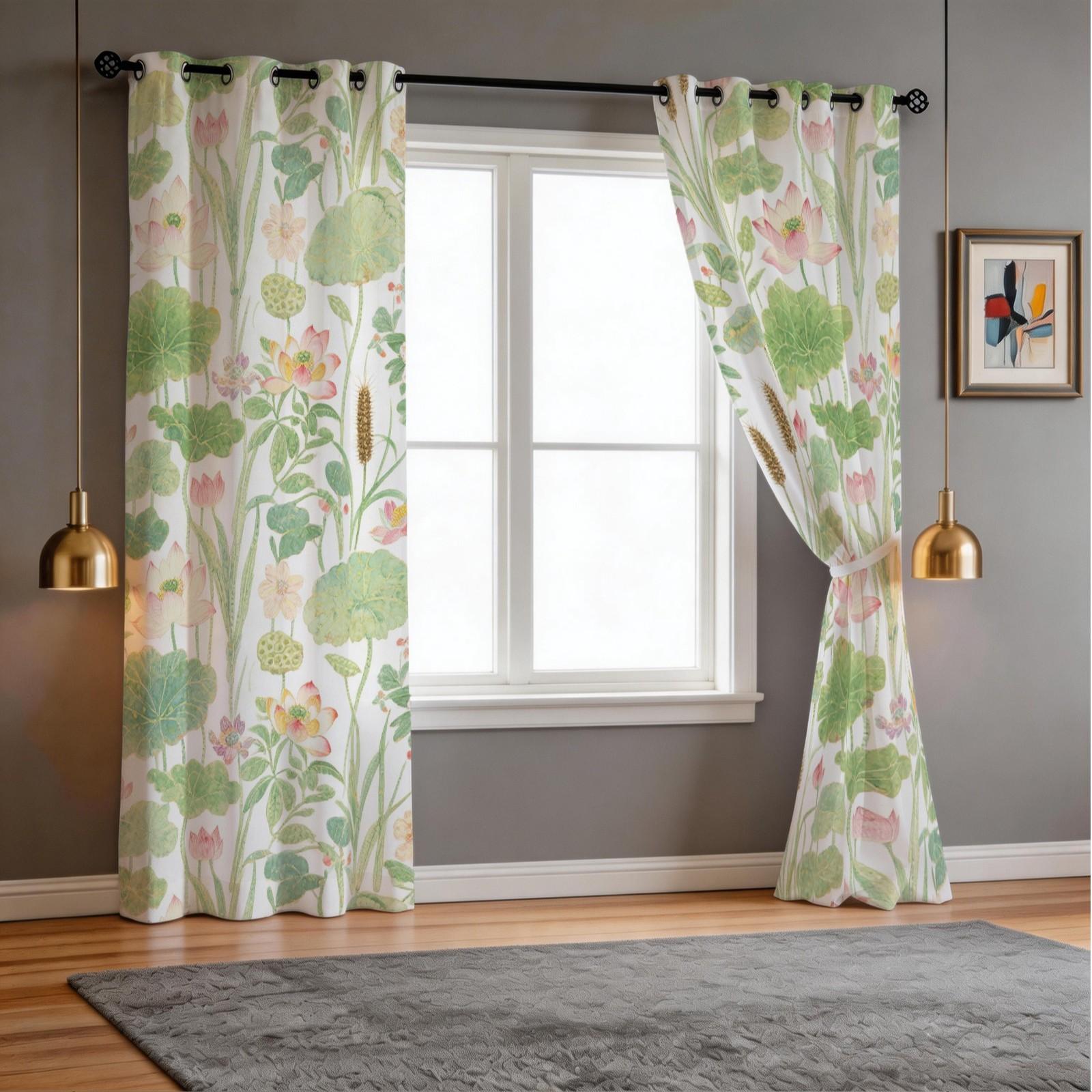 Watercolor Lotus Pond Curtains 2 Panels, HD Digital Printed Curtains, 80%-90% Light Blocking Darkening Curtains, Easy to Install Decorative Curtains for Living Room Bedroom Home Decor