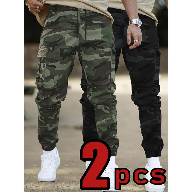 Men's 2-Piece Camo Print Loose Fit Cotton Padded Cargo Joggers - Drawstring Waist, Side Pockets, Streetwear Clothing, Urban Camouflage Men's Pants for Outdoor All-Season Wear