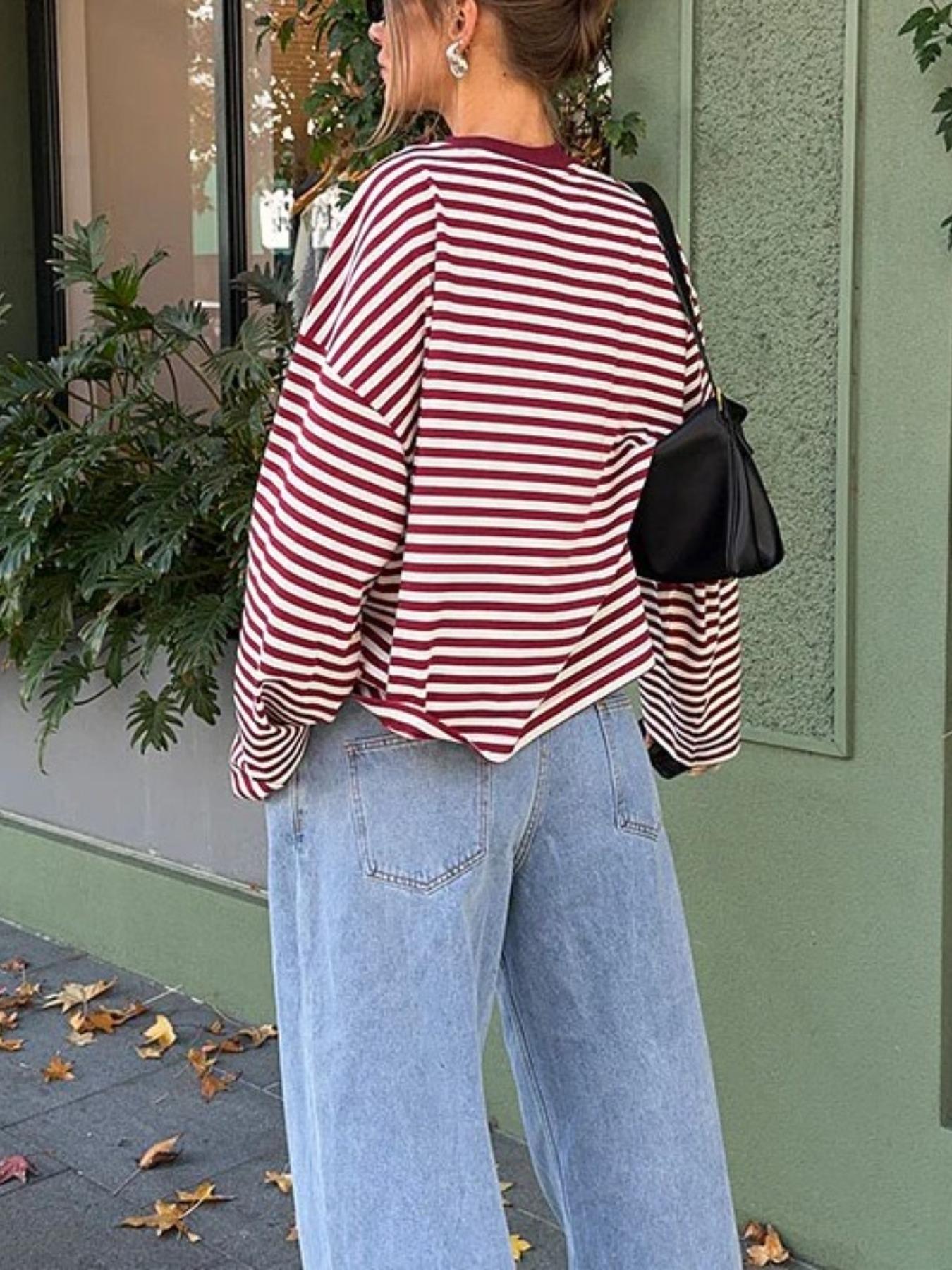 Women's Casual Loose-Fit Striped Long Sleeve Oversized Top, Trendy Street Style Round Neck Pullover Womenswear