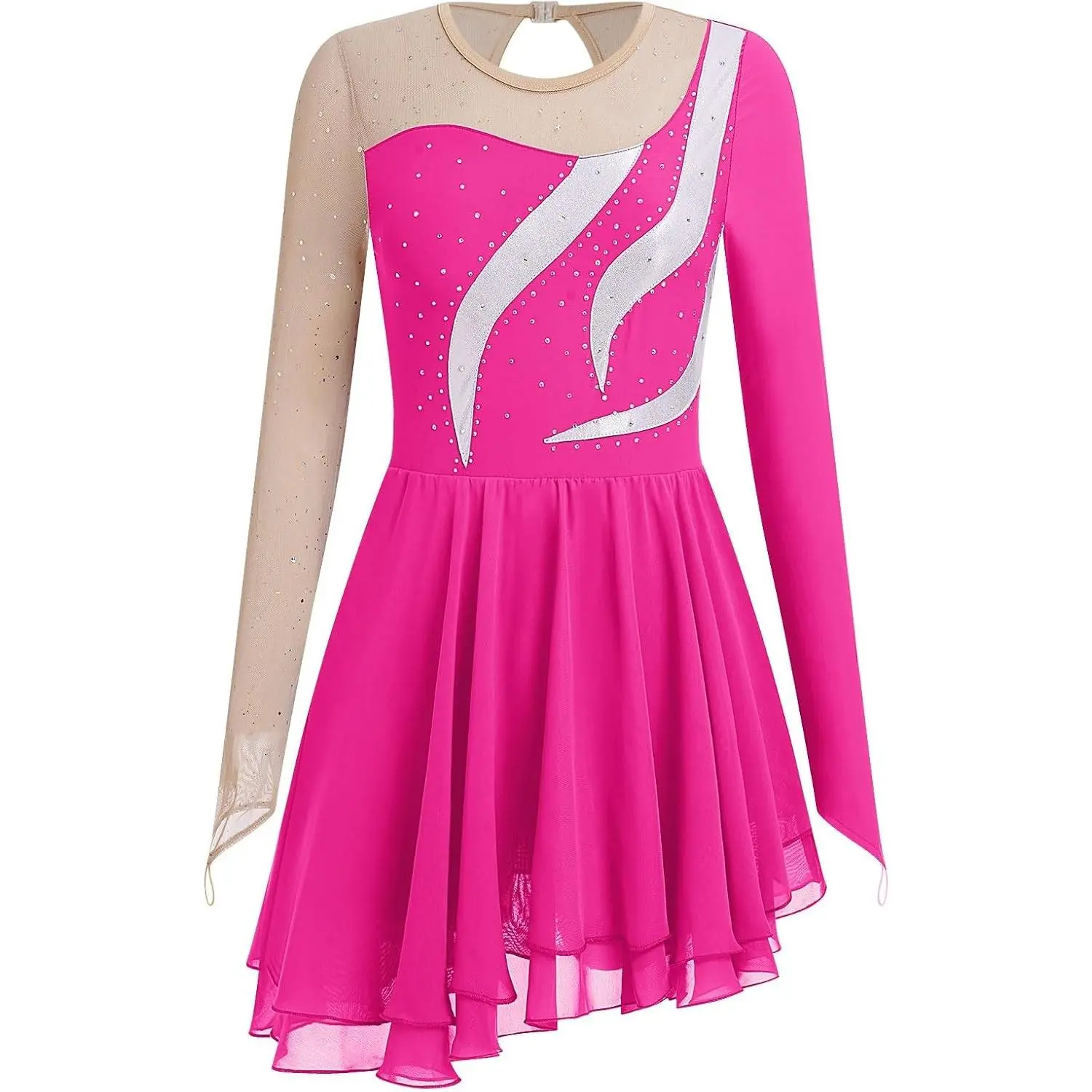 Women's Long-Sleeve Sparkly Chiffon Ice Skating Dress - Figure Skating Costume & Rhythmic Gymnastics Leotard