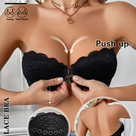1Pc Women's Strapless Support Push Up Lace Bra Front Closure Non-Slip Silicone Strips Adjustable Backless Comfortable Slimming Seamless Bandeau Design With Underwire