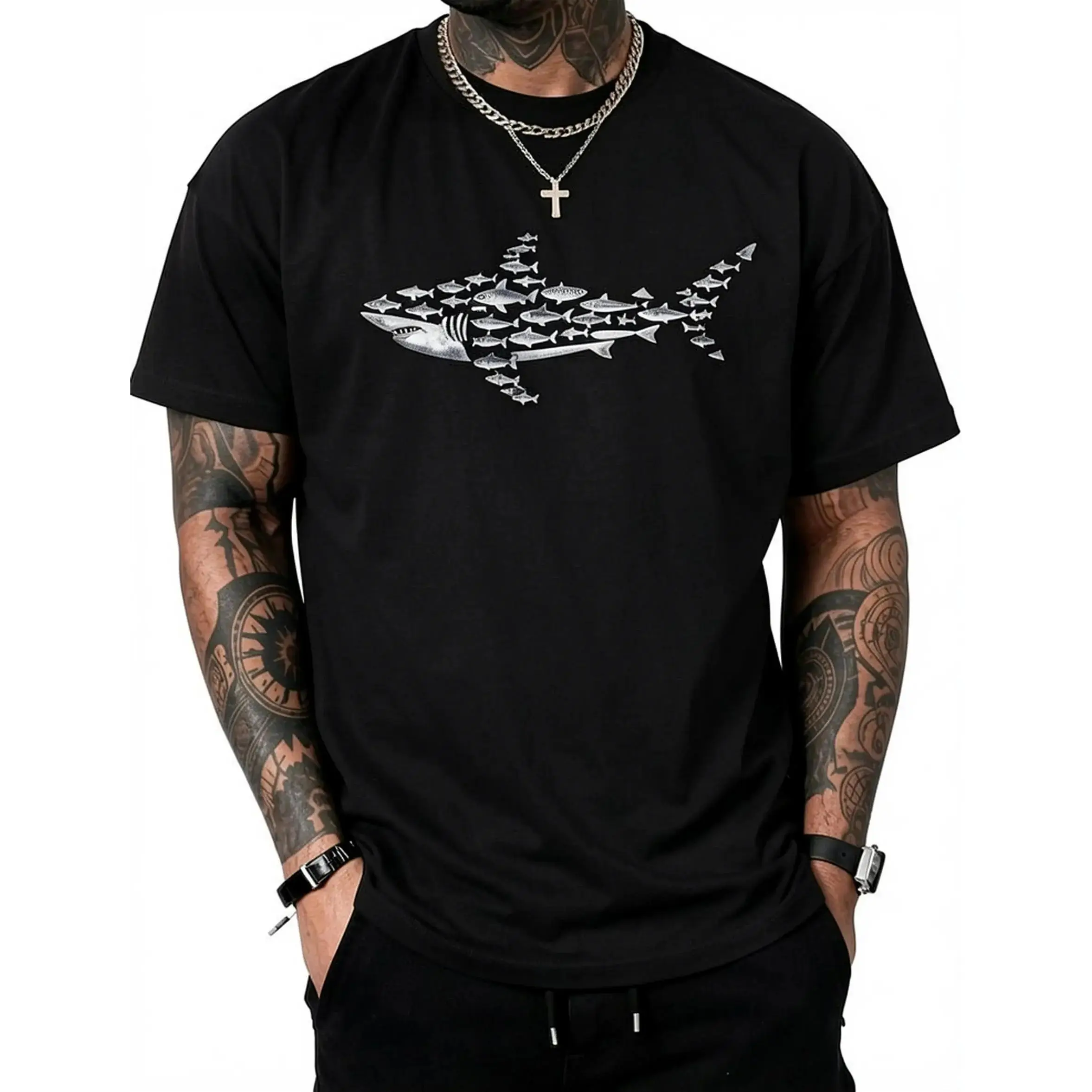 Unisex Adult Cool Shark Art Graphic T‑Shirt, Pure Cotton Short‑Sleeve Crew Neck Tee for Men Women, Casual Ocean Animal Print Top, Ideal Gift for Shark Lovers