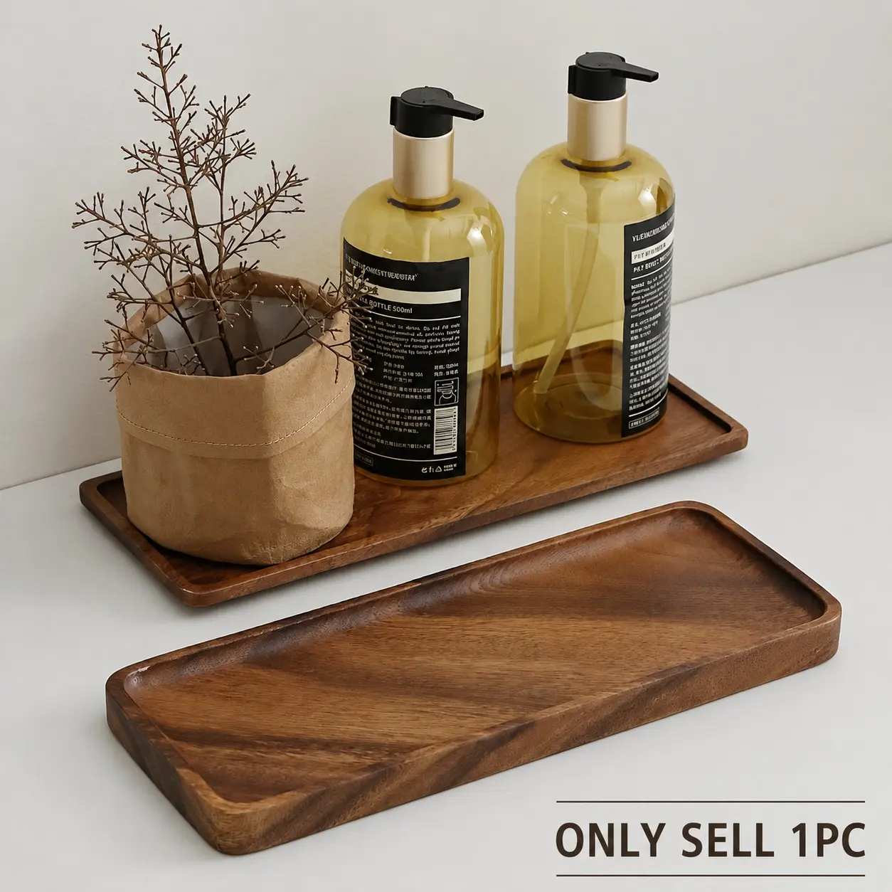 1 Pc Natural Walnut Wood Rectangular Tray, 11.8-Inch Large Countertop Organizer, Polished Finish, Skincare & Lotion Bottle Storage, Sink Organizer, Wooden Bathroom Accessory