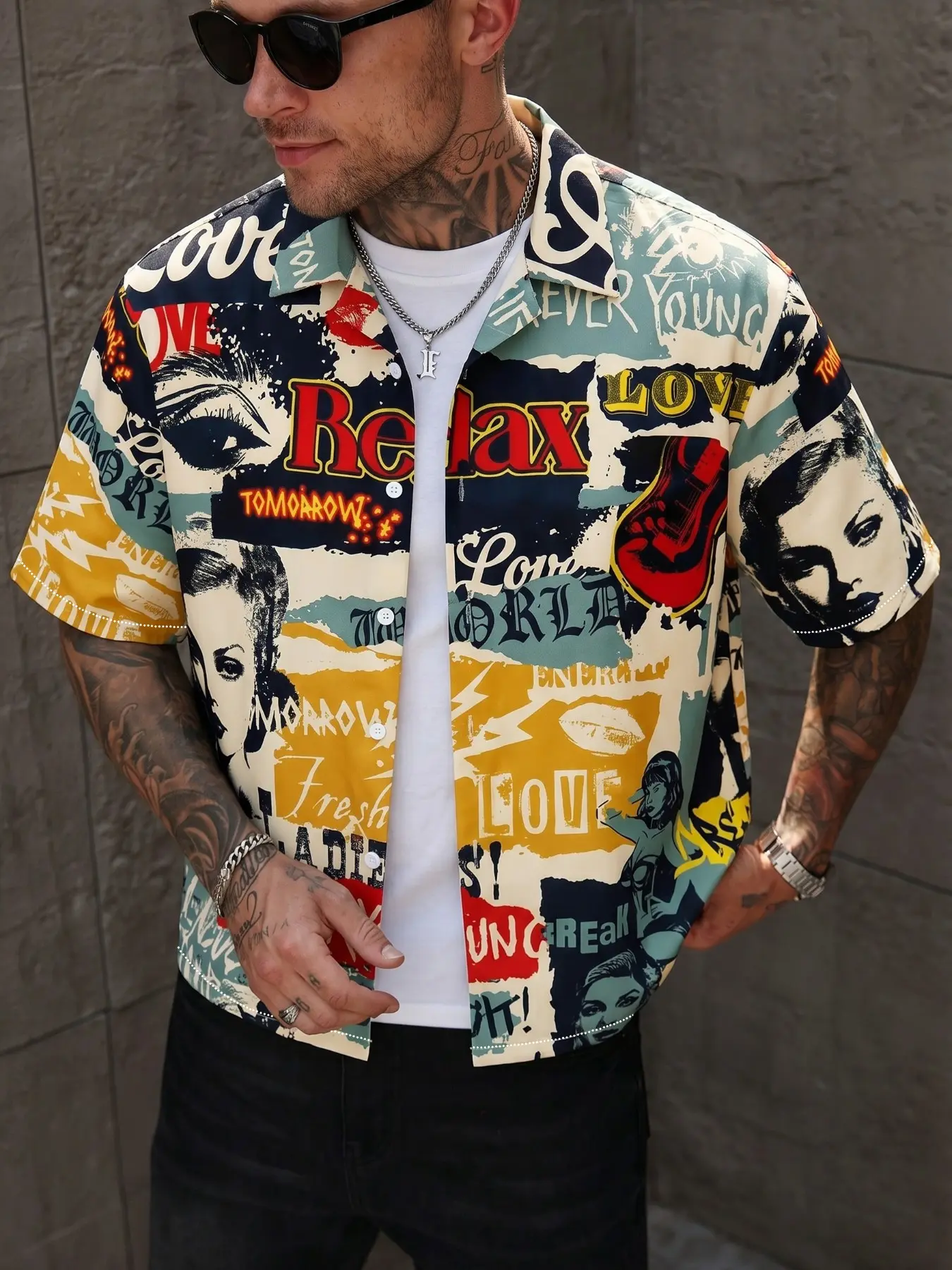 Men's Retro Pop Art Collage Print Short Sleeve Button Up Shirt, Lightweight Breathable Polyester, Vintage Graffiti Style, "Relax" & "Love" Slogan Graphic, Classic Collared Design, Regular Fit, Casual Comfy Collared, Ideal for Summer