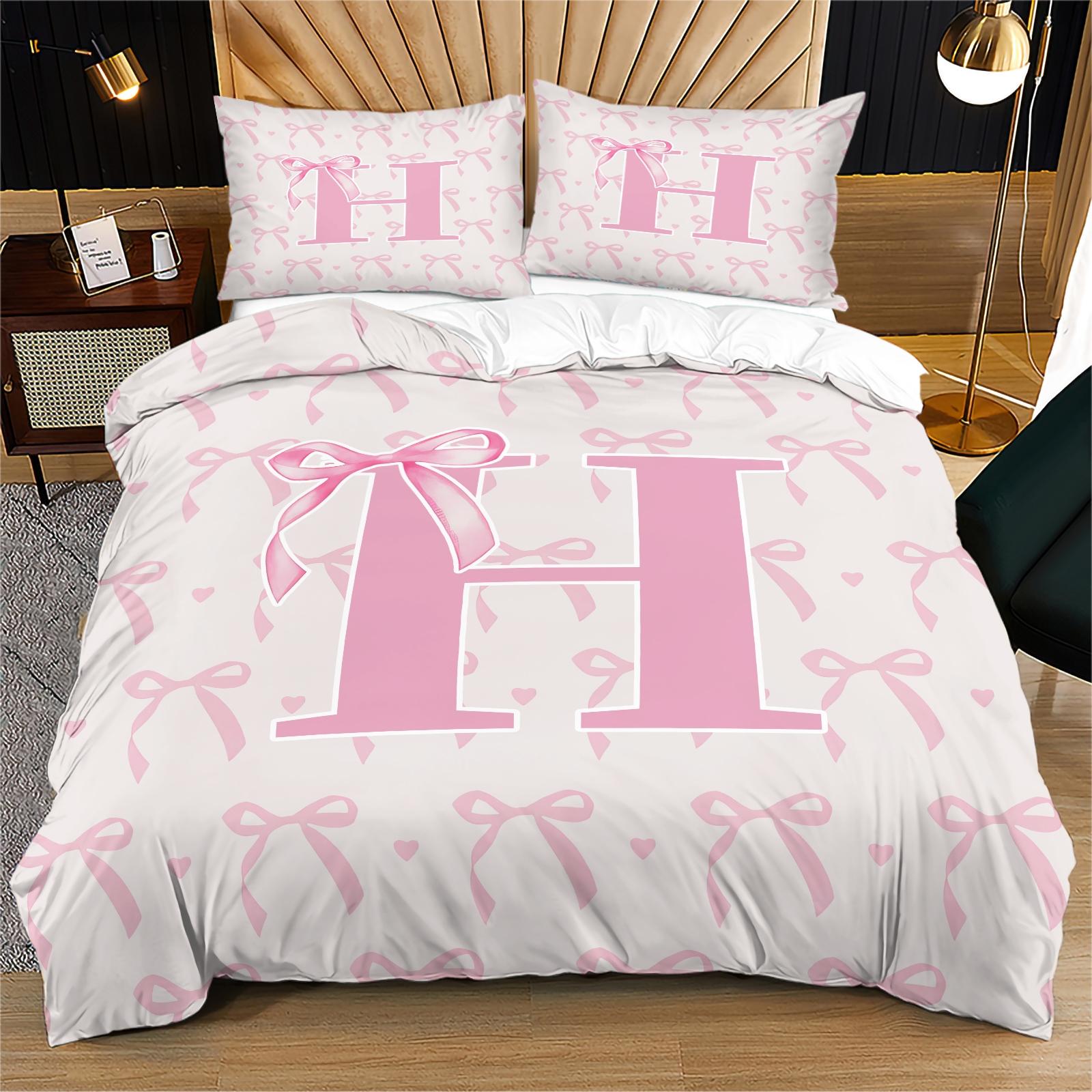 2/3 PCS Pink Romantic Ballet Bow Full Alphabet Initial Duvet Cover Set, Coquette Aesthetic Bedding with Zipper Closure for Easy Removal, Ideal Housewarming Birthday Christmas Gift, No Filling
