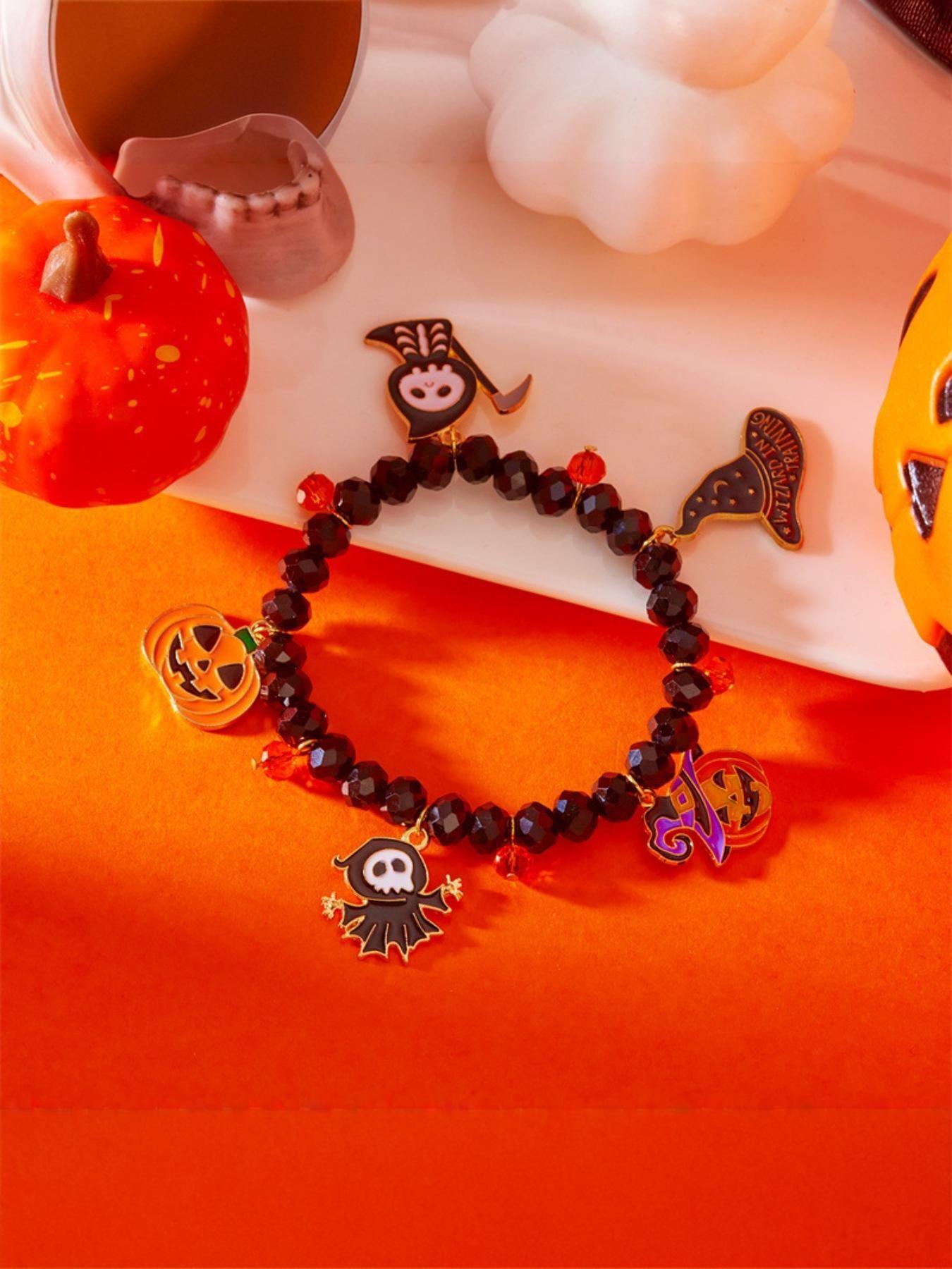 New Halloween Bracelet, European and American Style Beaded Wristband, Festival Pumpkin Ghost Pendant Bracelet, Perfect for Halloween Celebrations