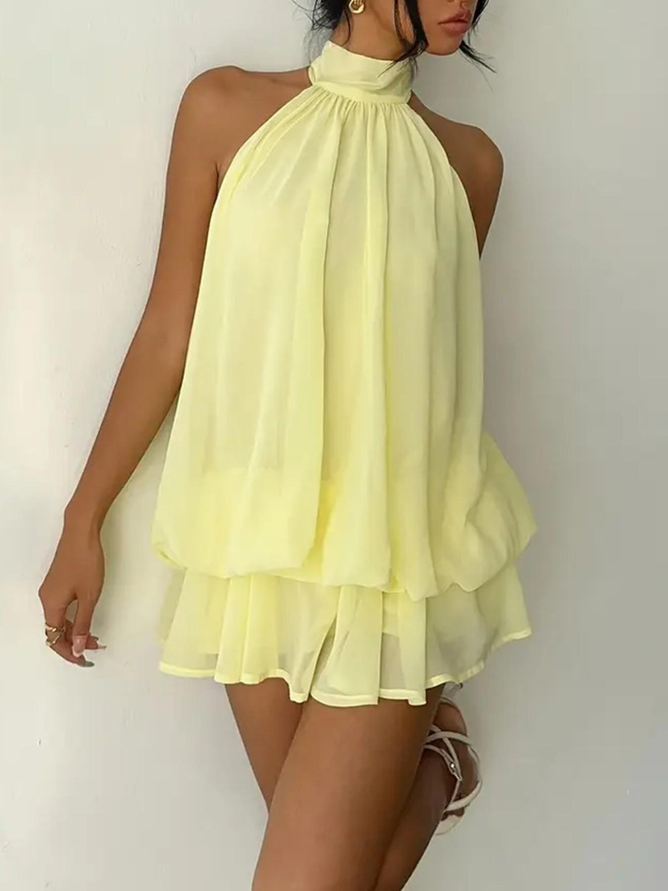 Women's Summer Casual Fashion Halter Tie Back Mini Dress, Slim-Fitting Elegant Sleeveless Dress for Party & Daily Wear