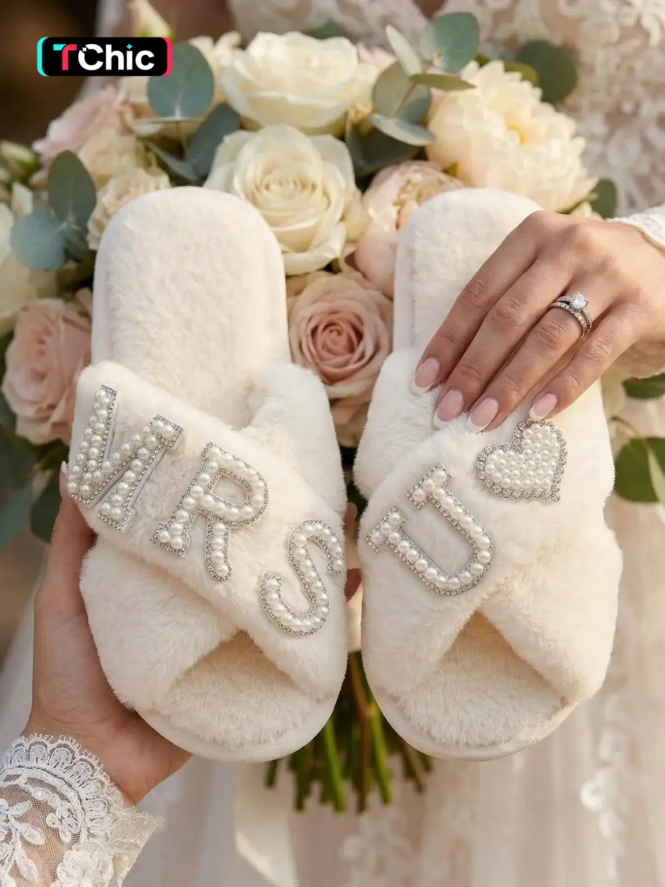 Bridal MRS U Pearl Rhinestone Cross Band Fuzzy Slippers for Wedding, Ivory Fluffy Open Toe House Slides with Crystal Letter Heart Decor, Plush Indoor Slippers, Fuzzy House Shoes, Bride Getting Ready Accessory, Bridesmaid Gift Honeymoon