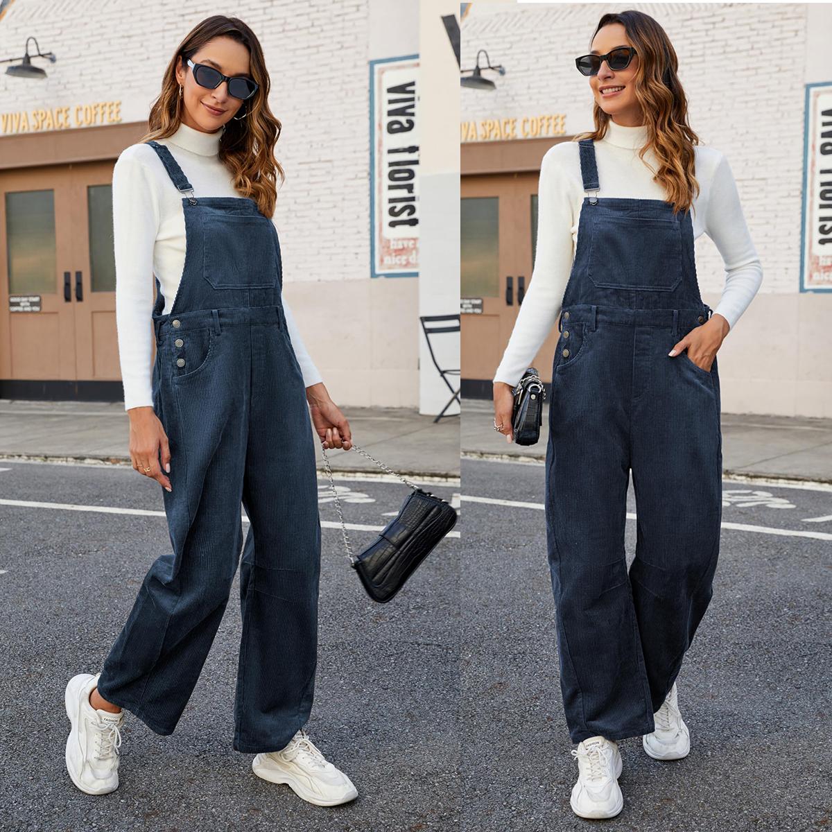 Buenoble Fall Corduroy Overalls for Women Barrel Wide Leg Bib Corduroy Pants Adjustable Romper Jumpsuit with Pockets