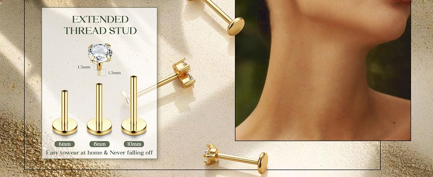 16G/18G Labret Piercing Jewellery Surgical Steel Internally Threaded Tragus Stud CZ Flat Back Earrings Lip Bar Tragus Helix Cartilage Conch Nose Piercing 6/8/10MM Nose Piercing Jewelry