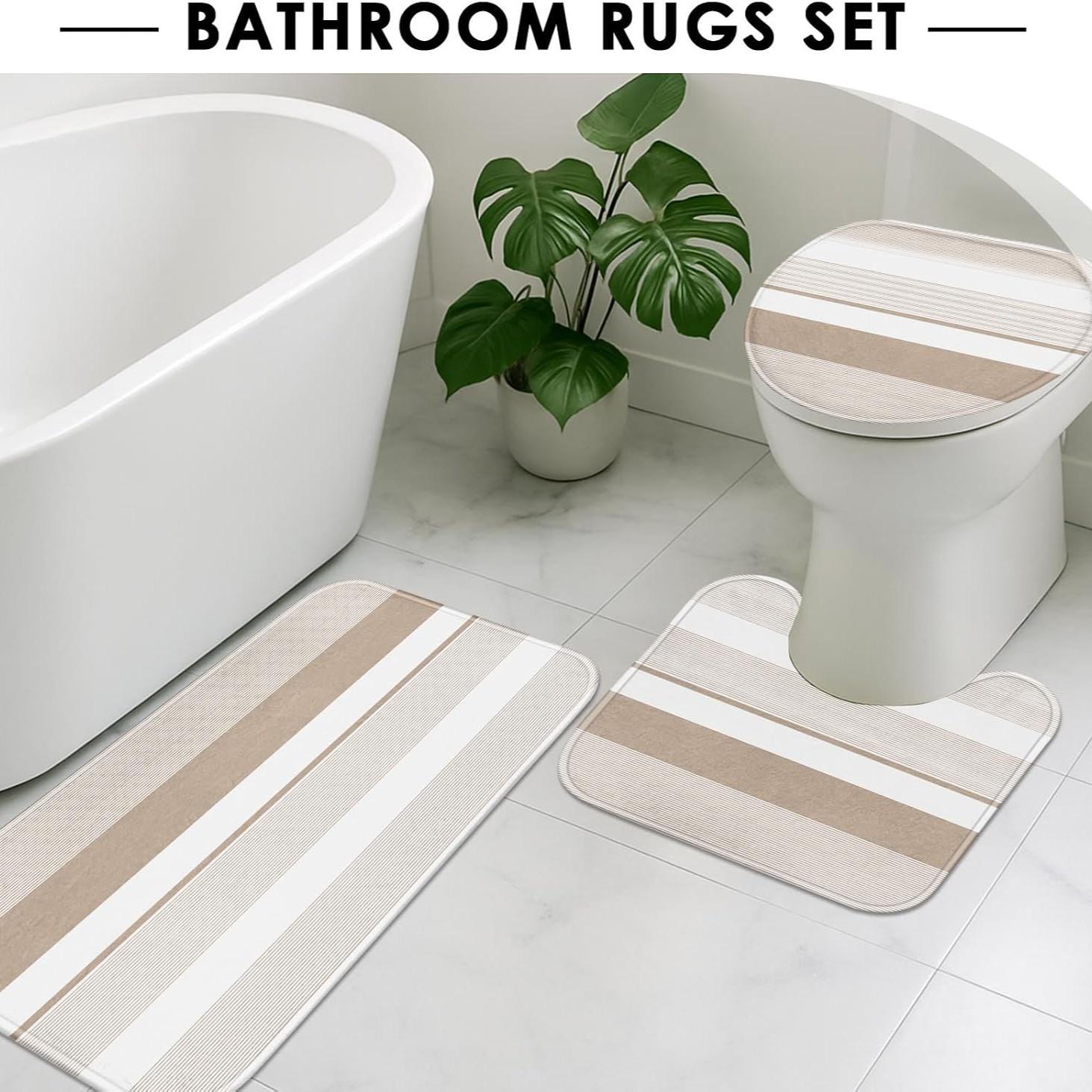 Bathroom Sets with Shower Curtain and Rugs, 4 Pcs, Abstract Striped | Modern Beige Simple Bathroom Decor Set with Toilet Lid Cover, Non-Slip Bath Mats and Accessories 12 Hooks
