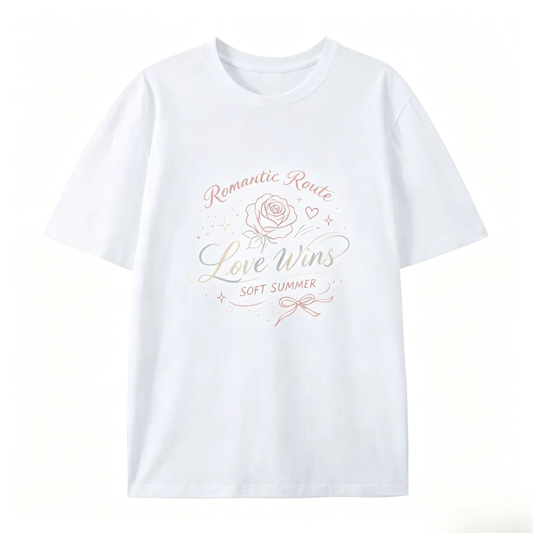 Oversized Romantic Route Love Wins Rose Floral Letter Graphic T‑Shirt, Comfort Cotton Fashion Outfit, Cute Valentine Gift For Him Her, Perfect Holiday Present For Lovers Family Friends