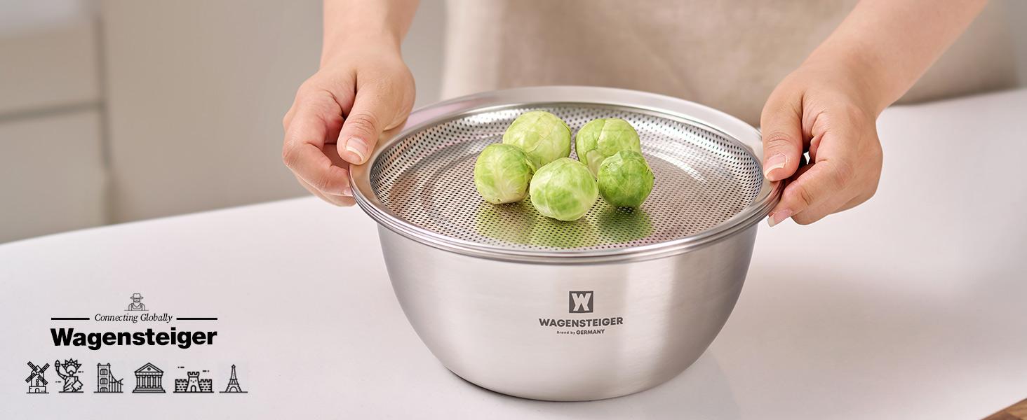 3-Piece Stainless Mixing Bowl Set with Strainer & Oil Drain Tray – Nesting Prep & Baking with Measurement Marks (9.45 in) 3-Piece Stainless Mixing Bowl Set with Strainer & Oil Drain Tray – Nesting Prep & Baking with Measurement Marks (9.45 in)