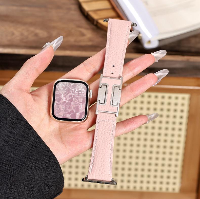New H-Type Magnetic Buckle Lychee Pattern Leather Smart Watch Strap (38-49mm) New H-Type Magnetic Buckle Lychee Pattern Leather Smart Watch Strap (38-49mm)
