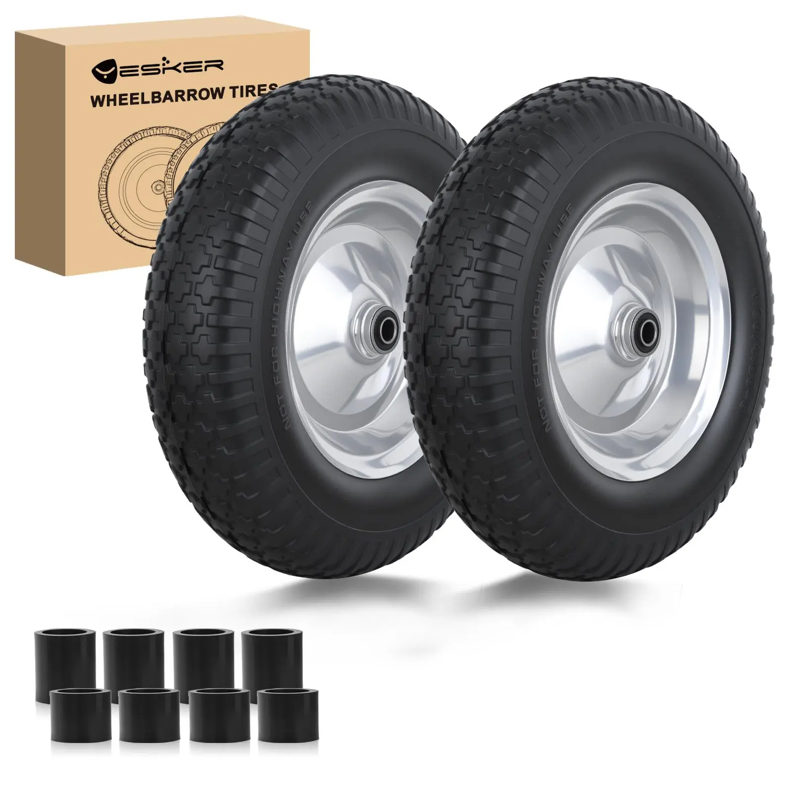 Yesker 4.80/4.00-8" Durable Flat Free Foam Tires & Wheels Replacement (2 Pack) - 14.5" Solid PU Tread Tire with 5/8" Axle Bore Bearing for Wheelbarrow, Gorilla Cart