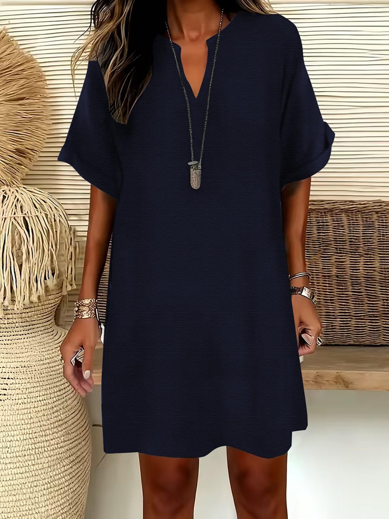 Women's Plain Notched-Neck Short Sleeve Midi Dress, Casual Chic Fashion Drop Shoulder A-Line Dress for Summer, Comfortable and Stylish Dress Women's Plain Notched-Neck Short Sleeve Midi Dress, Casual Chic Fashion Drop Shoulder A-Line Dress for Summer, Comfortable and Stylish Dress