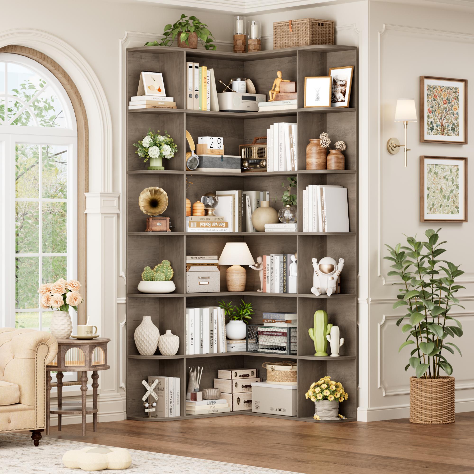 FOTOSOK 74'' Tall Corner Bookshelf, 6-Tier Bookshelf and Bookcase with Open Storage, L Shaped Tall Bookcases Wooden Storage Shelves for Home Office