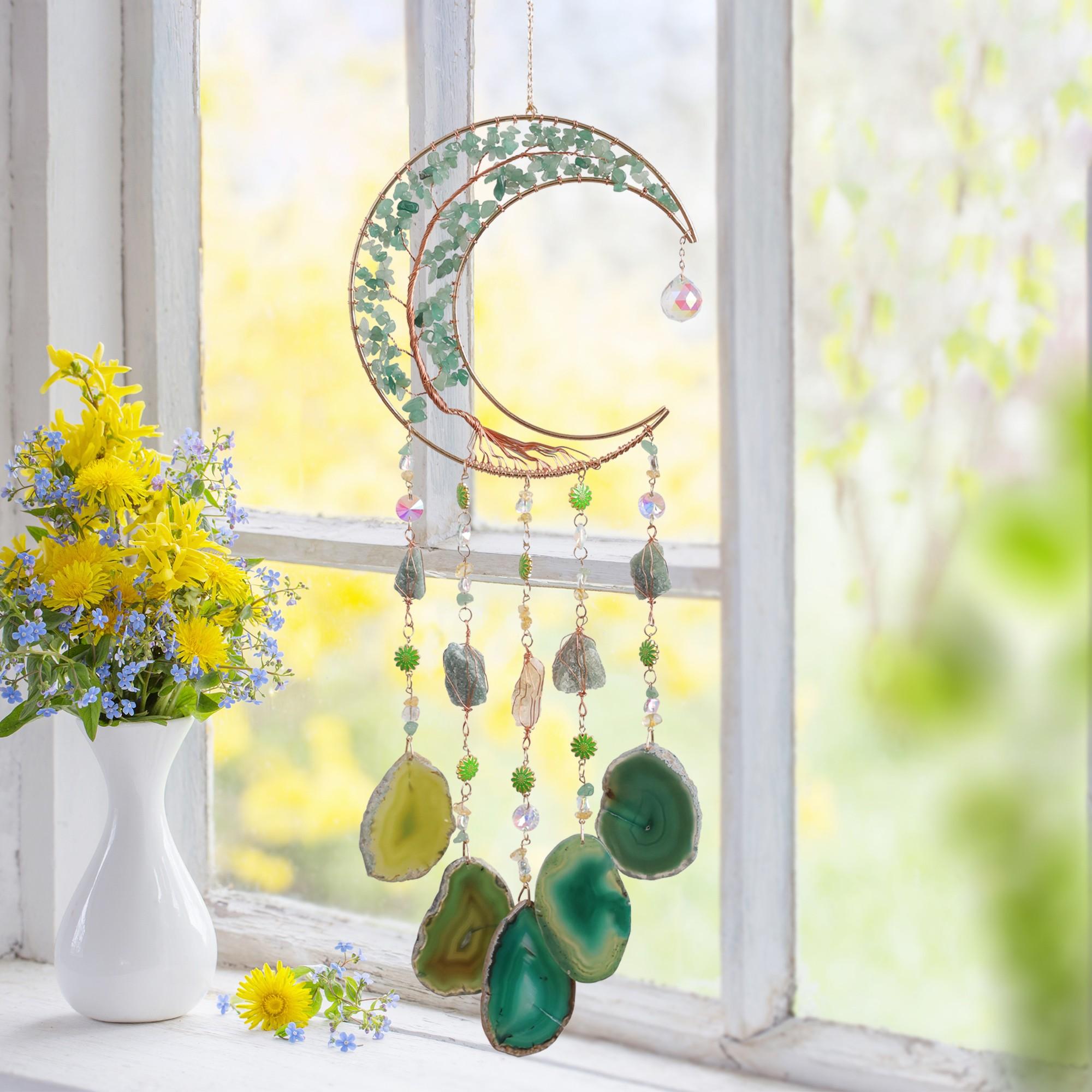 Gemstone Moon Suncatcher - Copper Wire Wrapped Tree of Life & Natural Agate Slice Wind Chimes, Crystal Rainbow Maker for Home Window, Garden & Wedding Decor, Perfect Birthday Gift