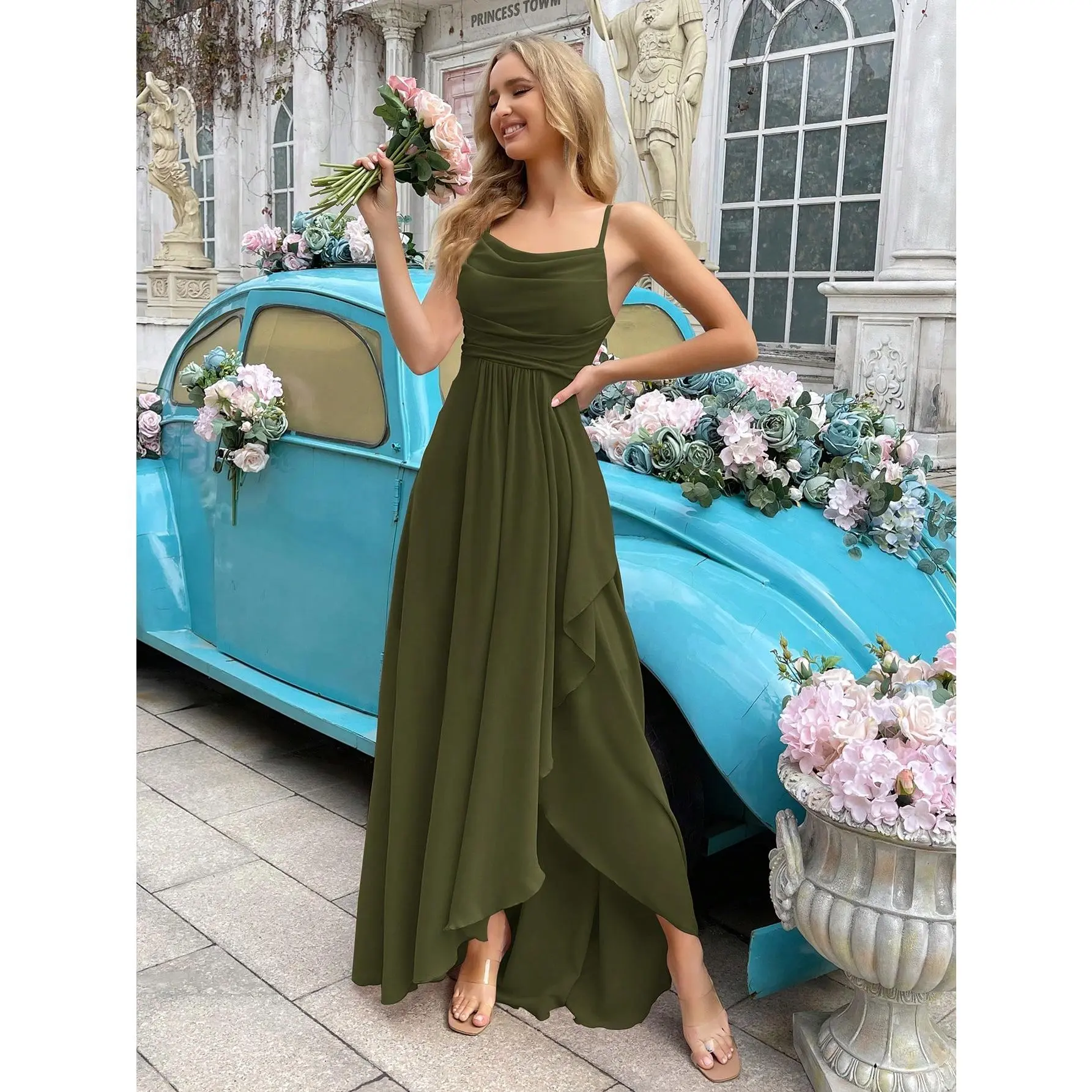 Elegant Simple Women's Wedding Formal Dress, Summer Bridesmaid Gown for Weddings, Guest Dinners, Formal Events, Engagement Parties, Lawn Weddings.Solid‑Color Cowl‑Neck Halter Bridesmaid Long Dresses with Asymmetric