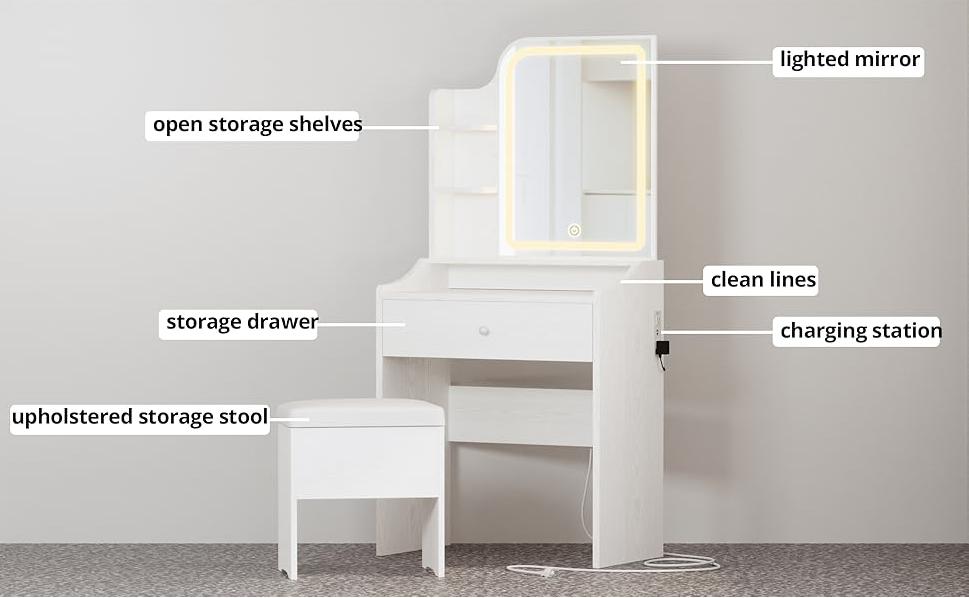 Small Makeup Vanity Desk with Adjustable LED Lights, Compact Vanity Set with Storage Drawers & Stool & Shelves, Modern Vanity with Metal Legs for Bedroom