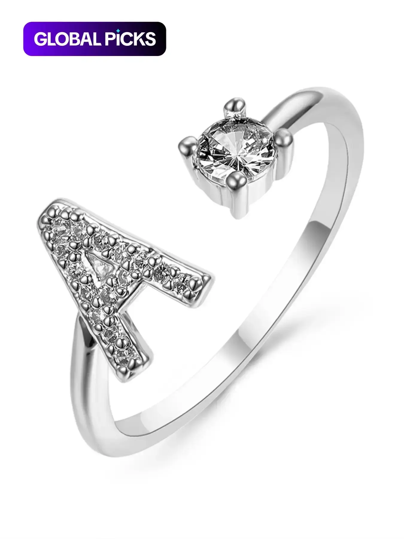 2026 Creative Letter Cuff Ring with Artificial Zircon Decor, Adjustable Open Ring, Fashion Jewelry for Women & Girls, Copper Statement Ring, Artificial Zircon Rings