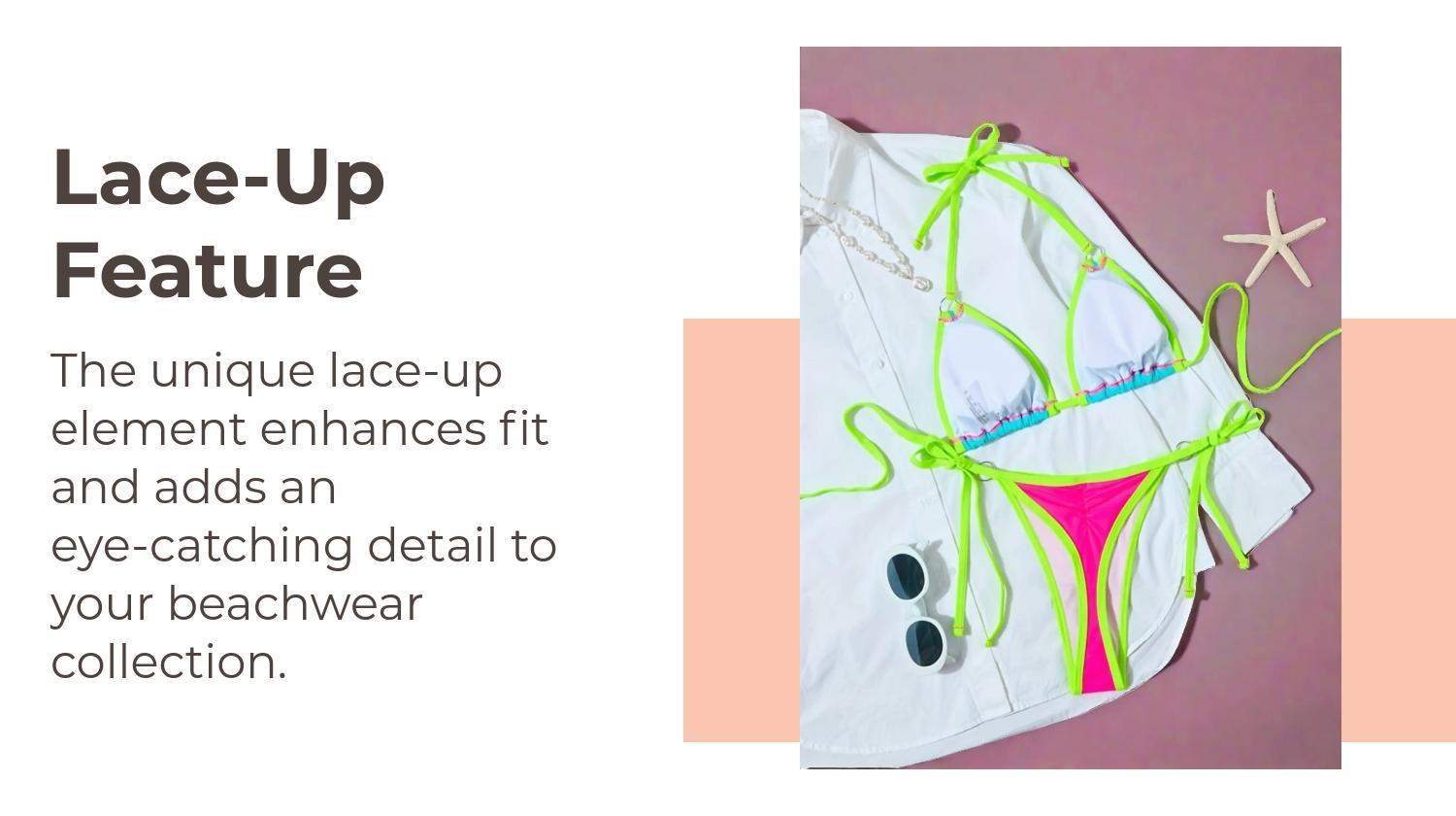 Women's Summer Beachwear, Sexy Bikini Set with Thong Bottoms, Style, Lace-Up Design, Fitted Colorblock Pattern, Color Block Swimsuits