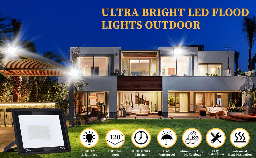100W LED Flood Light Outdoor 10000LM Super Bright Security Light IP66 Waterproof 6500K Daylight White Exterior Light for Basketball Court Stadium Playground High Lumen Energy Efficient Long Service Time