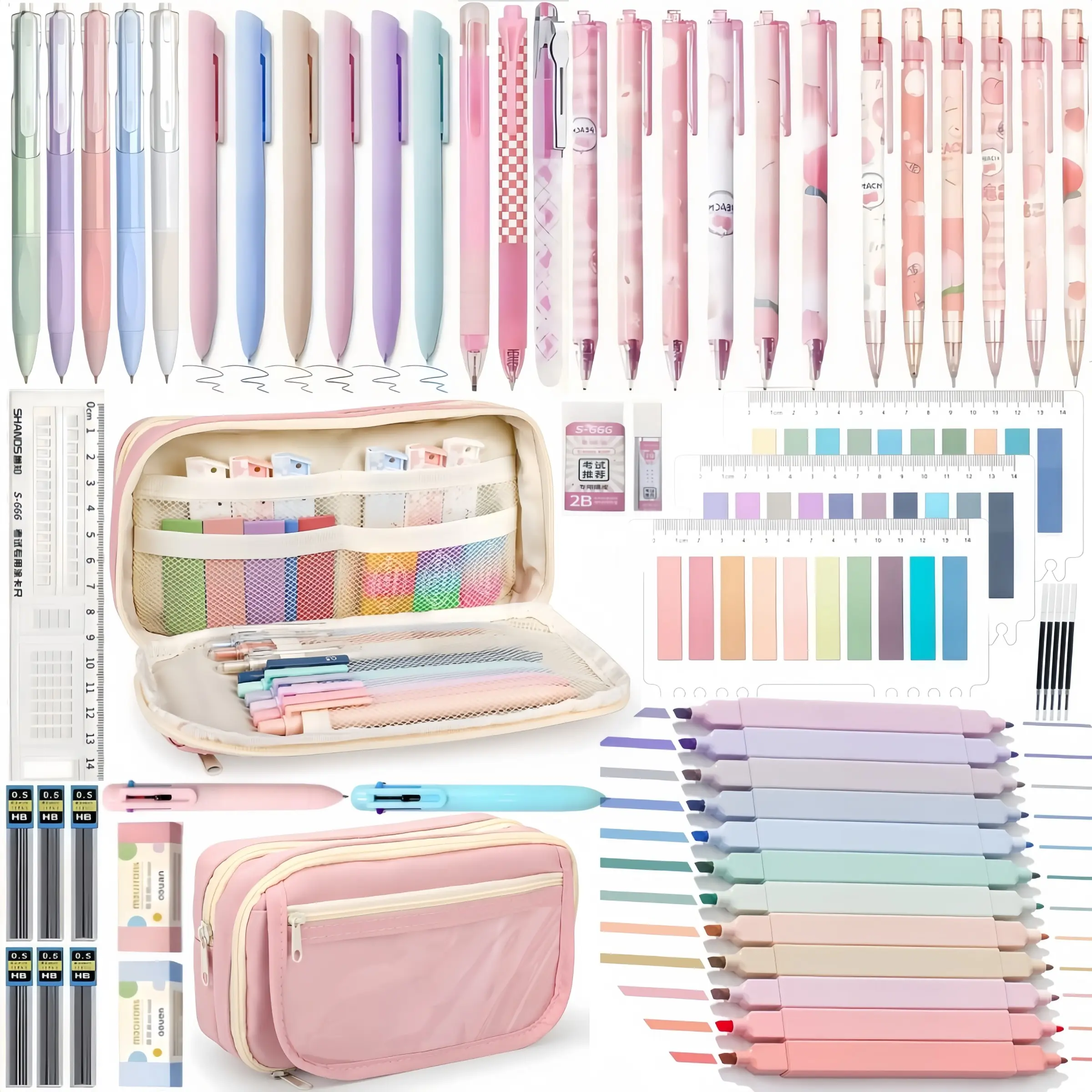 Morandi 60PCS School Supplies with Pencil Case, Stationery Set, Pink 6 Multicolor Pens, 13 Pastel Highlighters, Gel Pens, Mechanical Pencils, Back to School, College Essentials for Students