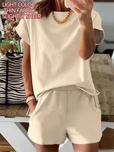 Women's Summer Short Sleeve Plain Fitted Set Outfit Womenswear, Slim-Fit Natural Waist Design Shorts & Tops, Perfect for Casual Wear